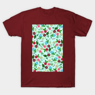 Red, pink, blue and maroon flower pattern with blue color background T-Shirt